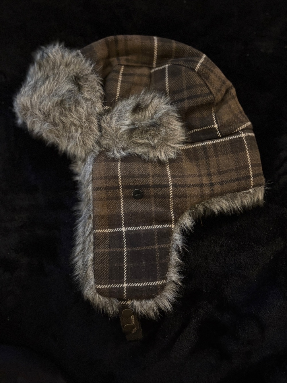 Brown Gray Plaid Trapper Hat Faux Fur Trim Knit Ear Flap One Size Winter